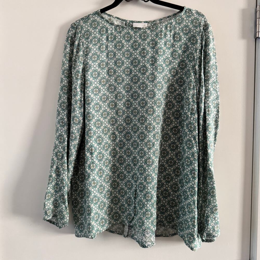 J. Jill Top Green Crew Neck Pullover Geometric Long Sleeve Sz M Women's